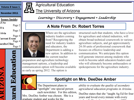 Screen shot of the first page of the fall 2011 AED newsletter. 