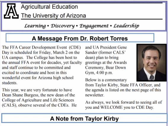 Screen shot of the first page of the spring 2012 AED newsletter. 