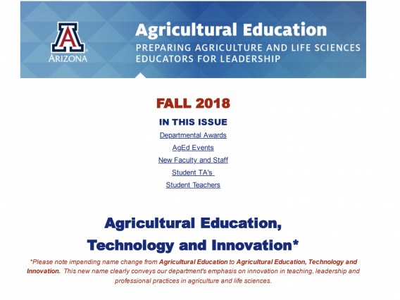 Screen shot of the first page of the fall 2018 AETI newsletter. 