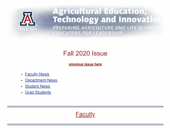 Screen shot of the first page of the fall 2020 AETI newsletter. 