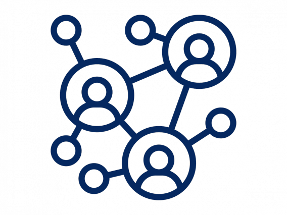Networking icon showing interconnected circles containing drawings of people. 