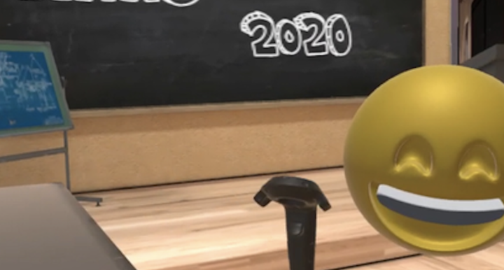 A virtually created image of a smiling emoji in a virtual classroom 